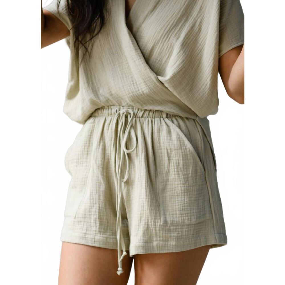 NEW NATALIE BUSBY cotton gauze drawstring shorts in fern
